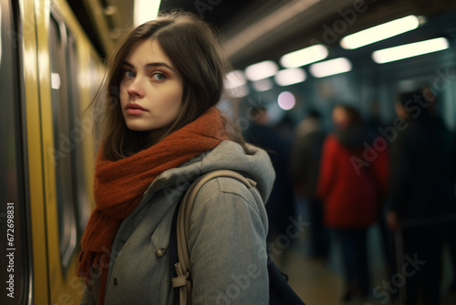 Young woman waiting for the subway train on the subway