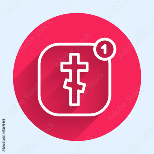 White line Online church pastor preaching video streaming icon isolated with long shadow. Online church of Jesus Christ. Red circle button. Vector