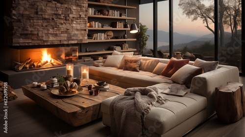 Beautiful house interior design cabin house country side living room with fireplace natural material and luxury furniture warm and cozy mood and tone interior house design showcase background.