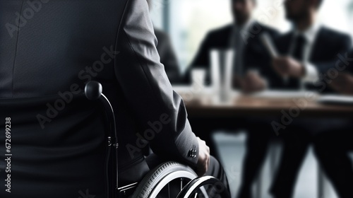 Disabled businessman in a wheelchair at work in office  having meeting with colleague