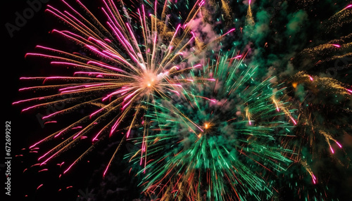 Fourth of July celebration: vibrant colors, exploding fireworks, glowing night generated by AI