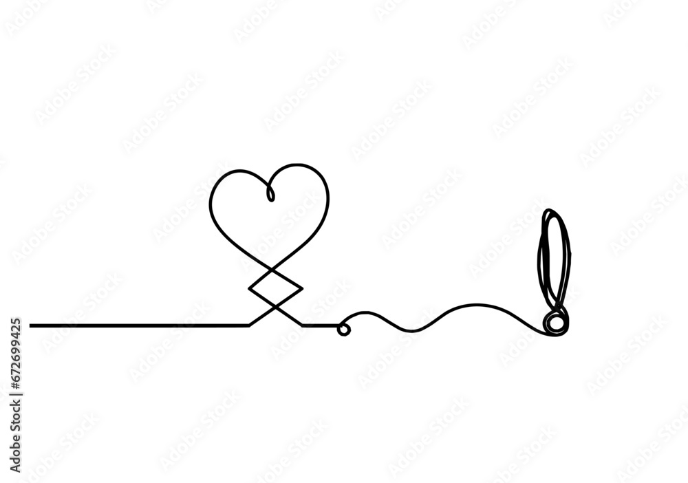 Abstract hearts with exclamation mark as continuous line drawing on white background. Vector - obrazy, fototapety, plakaty 