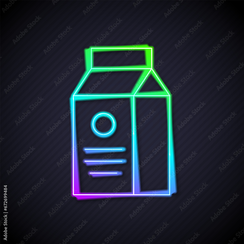 Glowing neon line Paper package for milk icon isolated on black background. Milk packet sign. Vector Glowing neon line Paper package for milk icon isolated on black background. Milk packet sign. Vector