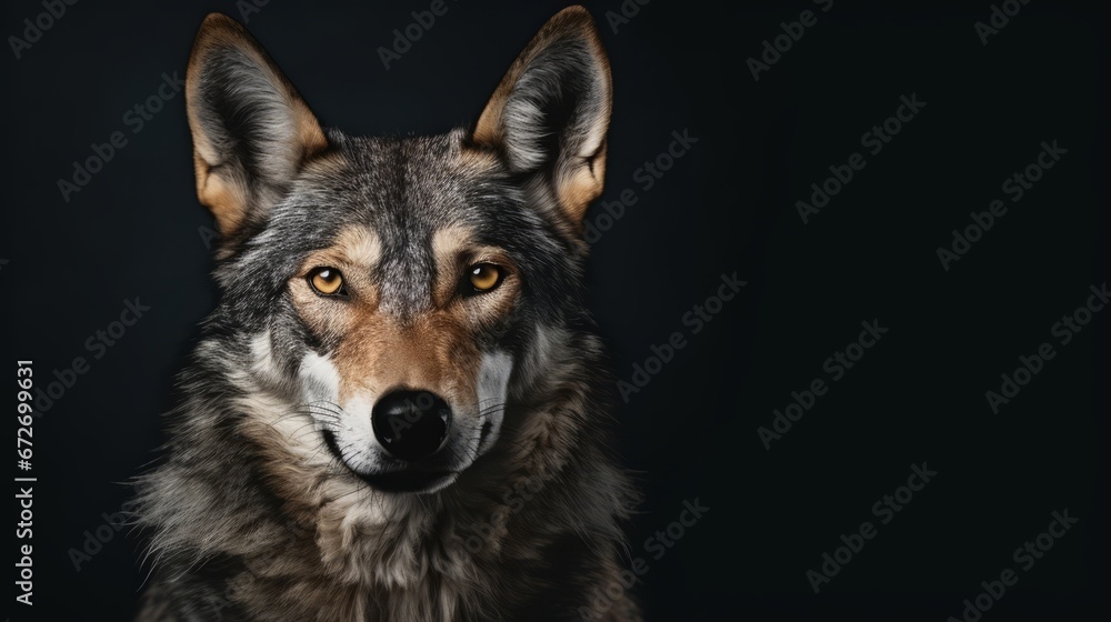 Fototapeta premium Wolf on dark gray background. Wild animals banner with copy space. Generative AI