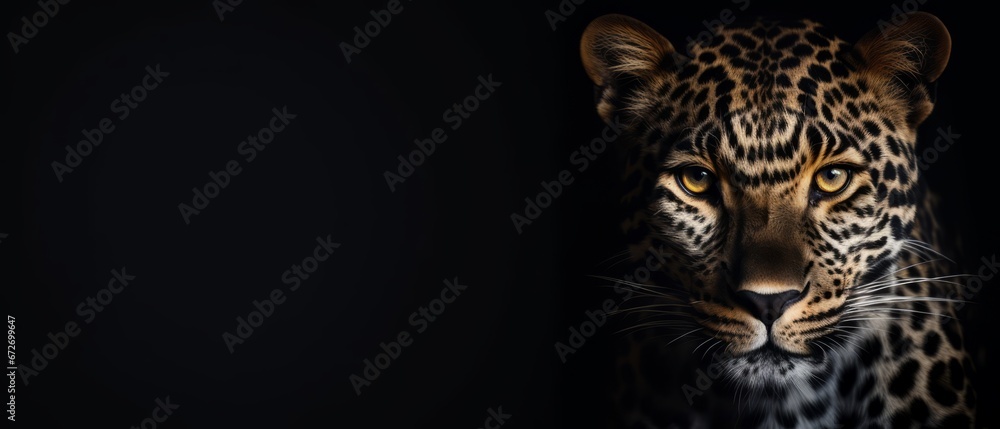 Leopard on dark gray background. Wild animals banner with copy space. Generative AI Leopard on dark gray background. Wild animals banner with copy space. Generative AI
