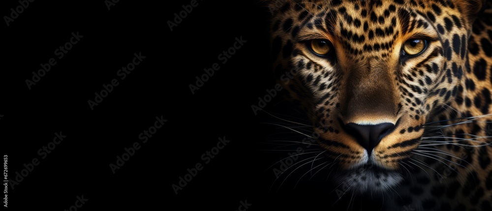 Leopard on dark gray background. Wild animals banner with copy space. Generative AI Leopard on dark gray background. Wild animals banner with copy space. Generative AI