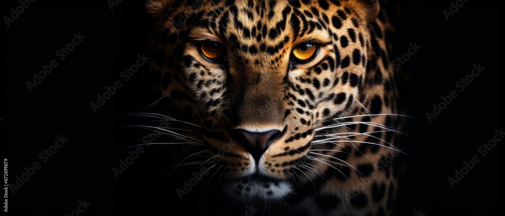 Obraz premium Leopard on dark gray background. Wild animals banner with copy space. Generative AI