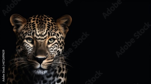 Leopard on dark gray background. Wild animals banner with copy space. Generative AI © AIExplosion
