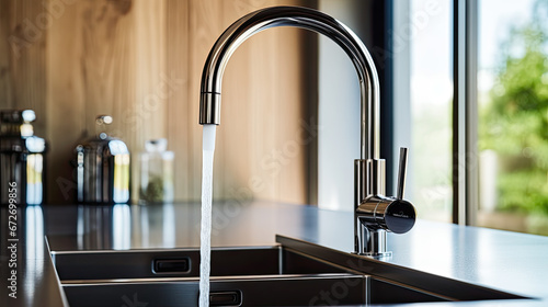 stainless kitchen faucet with streaming water