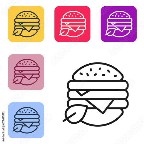Black line Vegan food diet icon isolated on white background. Organic, bio, eco symbol. Vegan, no meat, lactose free, healthy, fresh and nonviolent food. Set icons in color square buttons. Vector