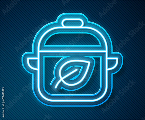 Glowing neon line Vegan food diet icon isolated on blue background. Organic, bio, eco symbol. Vegan, no meat, lactose free, healthy, fresh and nonviolent food. Vector