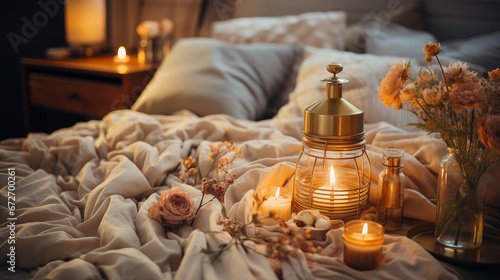 Close up detail lamp decoration in bedroom with flower and candle easy and comfort home lifesyle simple and minimal decorating home interior design concept background. photo
