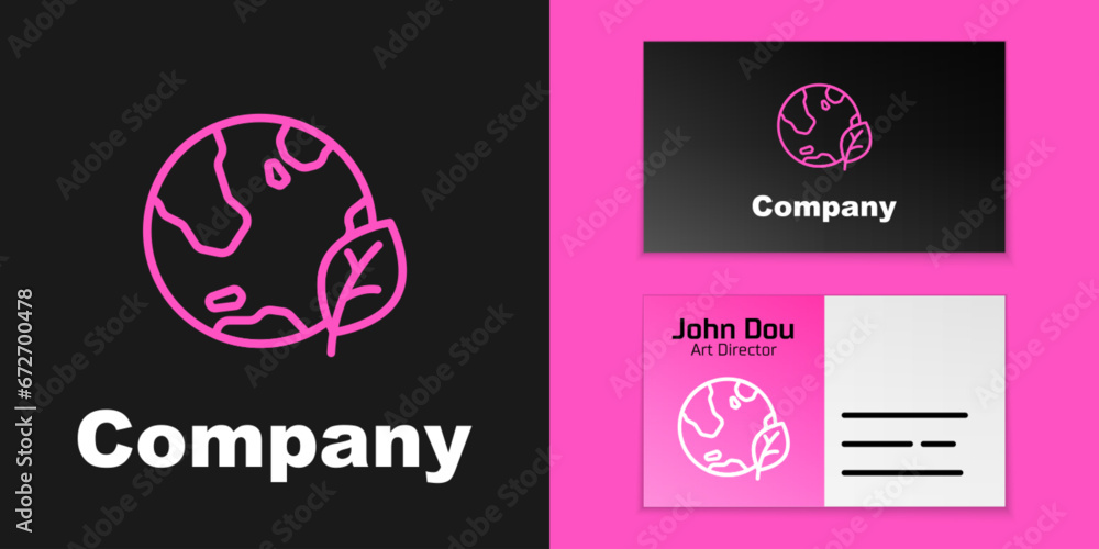 Fototapeta premium Pink line Earth globe and leaf icon isolated on black background. World or Earth sign. Geometric shapes. Environmental concept. Logo design template element. Vector