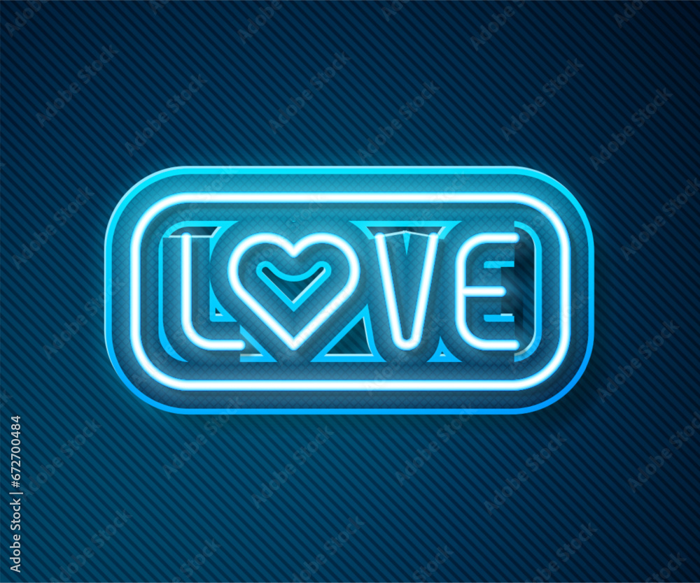 Glowing neon line Love text icon isolated on blue background. Valentines day greeting card template. Vector Glowing neon line Love text icon isolated on blue background. Valentines day greeting card template. Vector