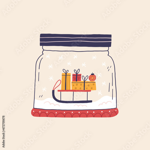 Christmas Crystal Snow Globe with Sleigh and Xmas Gift Box. Present Decoration Sphere in Hand Drawn Vector Style
