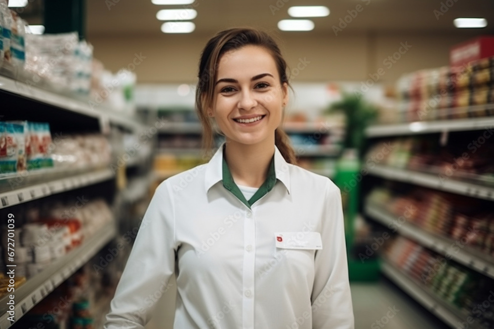 Portrait of happy female supermarket manager looking at camera