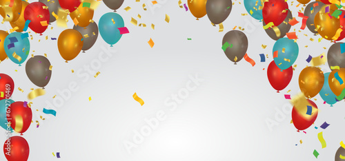 red orange balloons with confetti falling down over  background. Festival and joyful mood. Christmas, New Year, birthday or wedding celebration photo