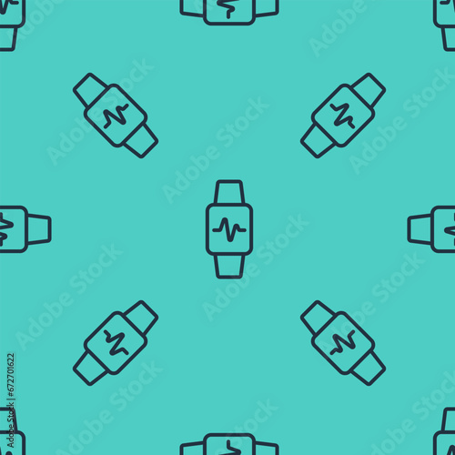Black line Smart watch showing heart beat rate icon isolated seamless pattern on green background. Fitness App concept. Vector © Vadim