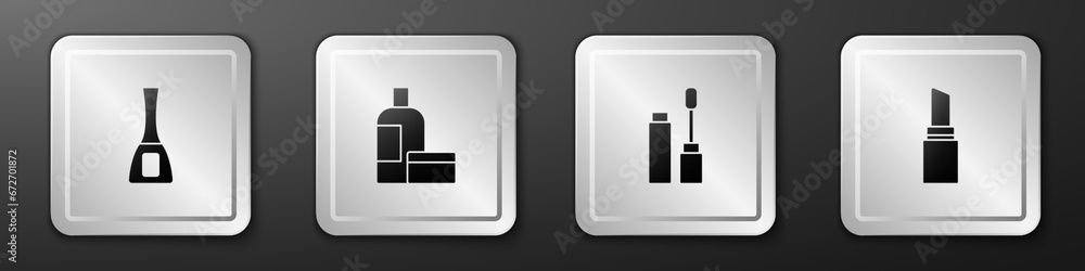 Set Nail polish bottle, Cream or lotion cosmetic tube, Mascara brush and Lipstick icon. Silver square button. Vector Set Nail polish bottle, Cream or lotion cosmetic tube, Mascara brush and Lipstick icon. Silver square button. Vector