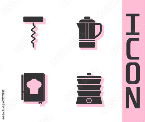 Set Slow cooker, Wine corkscrew, Cookbook and Teapot icon. Vector