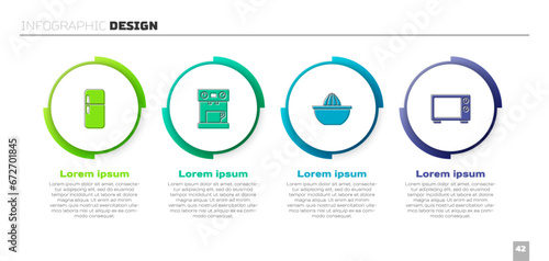Set Refrigerator, Coffee machine, Citrus fruit juicer and Microwave oven. Business infographic template. Vector