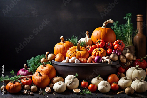 Autumn vegetables cooking preparation . Pumpkin, tomatoes, root vegetables and mushrooms ingredients on dark rustic background