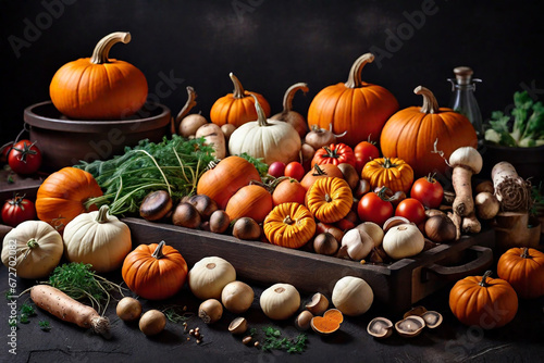 Autumn vegetables cooking preparation . Pumpkin  tomatoes  root vegetables and mushrooms ingredients on dark rustic background