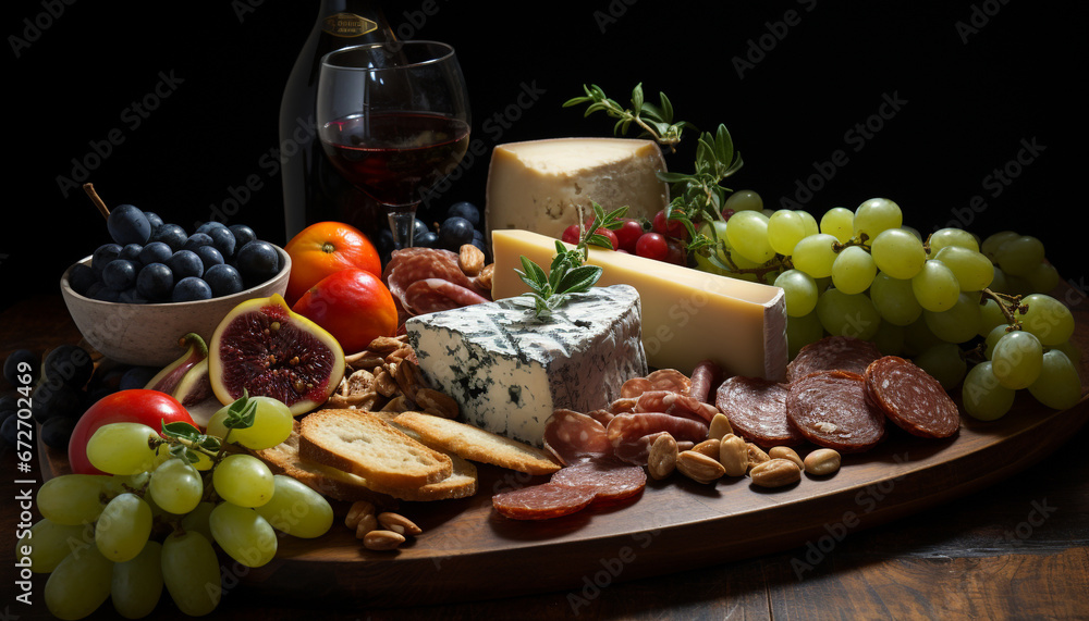 A rustic table with a variety of gourmet cheeses and wine generated by AI