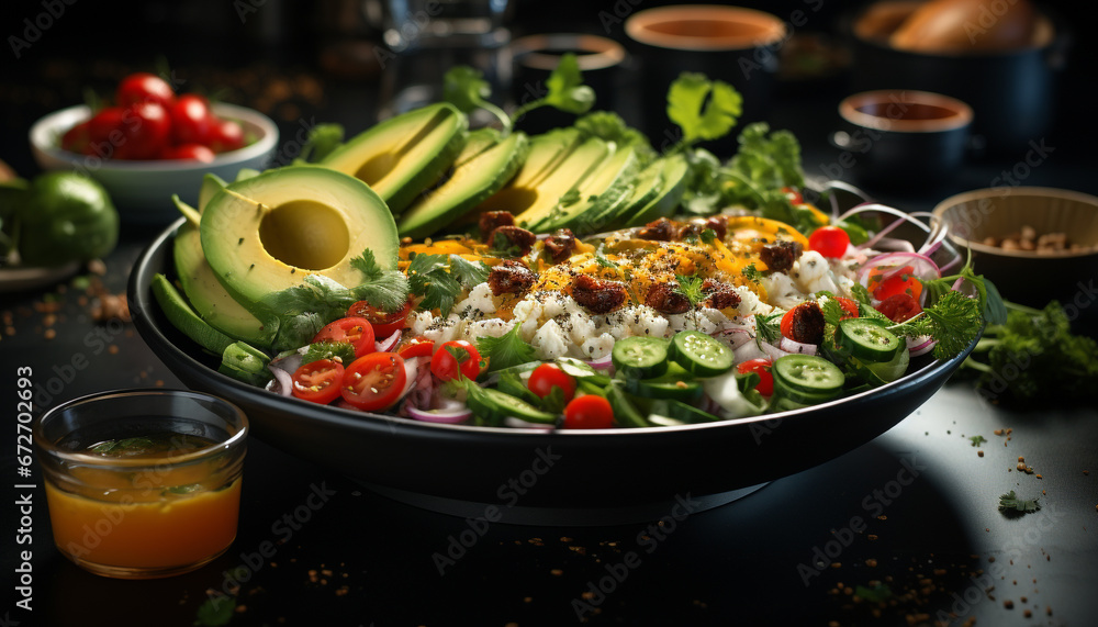 Freshness and health on a plate vegetarian salad with avocado generated by AI Freshness and health on a plate vegetarian salad with avocado generated by AI