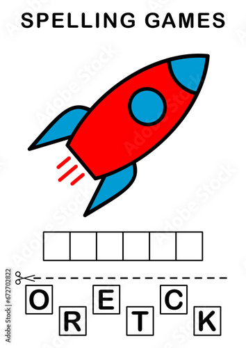 Spell the word. Vector illustration of rocket. Spelling game for kids. Education worksheet Printable A4 size