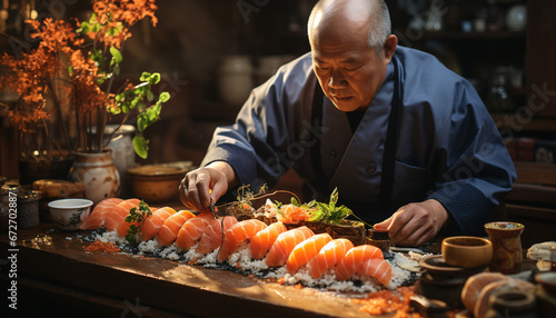 A man working indoors, expertly holding chopsticks, enjoying fresh sushi generated by AI
