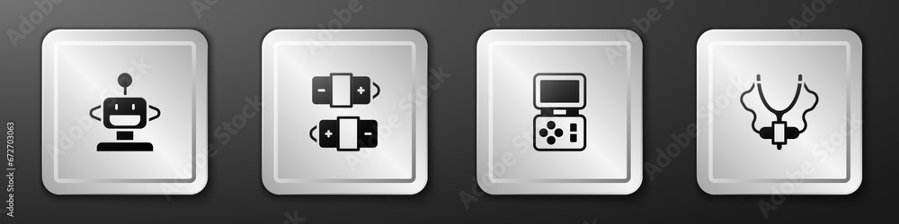 Set Robot toy, Battery, Tetris electronic game and Slingshot icon. Silver square button. Vector Set Robot toy, Battery, Tetris electronic game and Slingshot icon. Silver square button. Vector