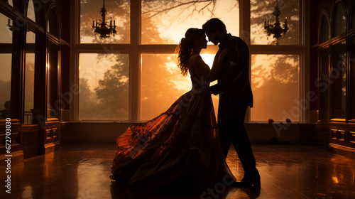 Silhouette photo of lovely young couple slow dancing together romantic elegance love expression.