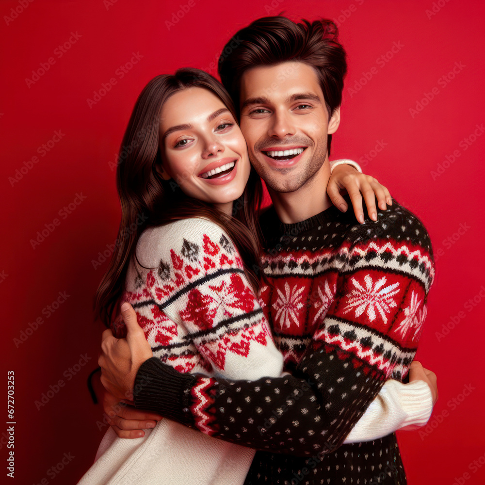 Photo of dreamy excited married couple wear ornament sweaters arms cheeks cuddling. ai generative Photo of dreamy excited married couple wear ornament sweaters arms cheeks cuddling. ai generative