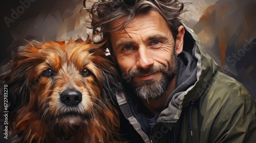 an artistic portrait of the owner and his best friend the dog