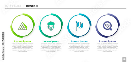 Set Louvre glass pyramid, French mime, Flag France and Coffee cup. Business infographic template. Vector