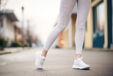 A young woman enjoys a healthy and active lifestyle as she goes for a morning run in the city, wearing fitness leggings and sneakers.