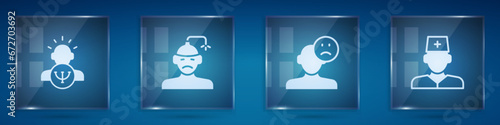 Set Psychology, Concussion, headache, Sad and depressed man, bad mood and Male doctor. Square glass panels. Vector