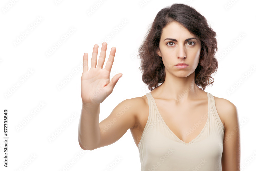 A young person using a stop gesture as a symbol of negative awareness and the rejection of harm. A young person using a stop gesture as a symbol of negative awareness and the rejection of harm.