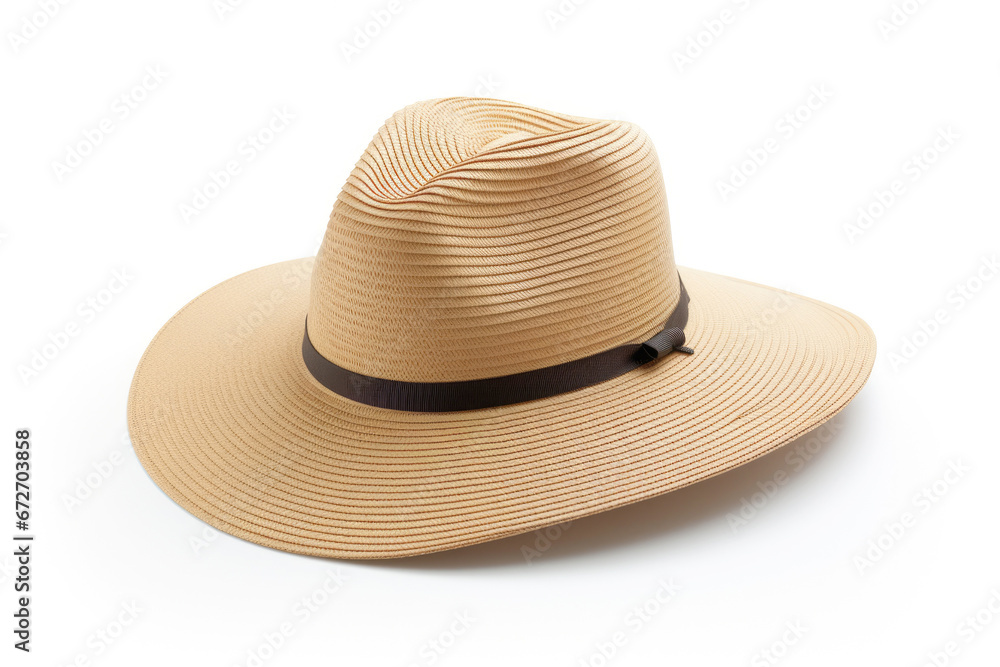 A chic straw hat, the epitome of summer fashion, isolated against a white background A chic straw hat, the epitome of summer fashion, isolated against a white background