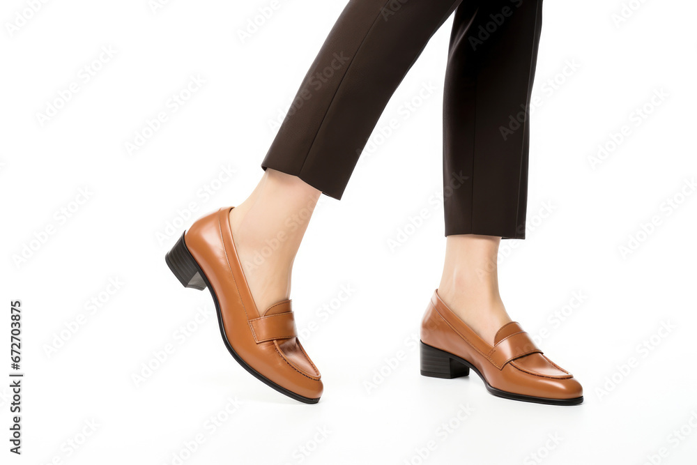 A businesswoman's stylish brown loafers against a white background, reflecting formal wear and office attire. A businesswoman's stylish brown loafers against a white background, reflecting formal wear and office attire.