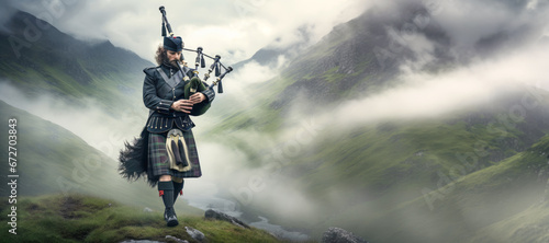 A Scottish bagpiper stands proudly in his traditional dress against a foggy lake backdrop. photo