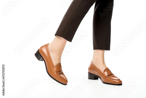 A businesswoman's stylish brown loafers against a white background, reflecting formal wear and office attire.