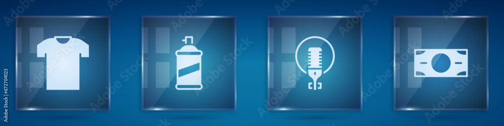 Set T-shirt, Paint spray can, Microphone and Stacks paper money cash. Square glass panels. Vector Set T-shirt, Paint spray can, Microphone and Stacks paper money cash. Square glass panels. Vector