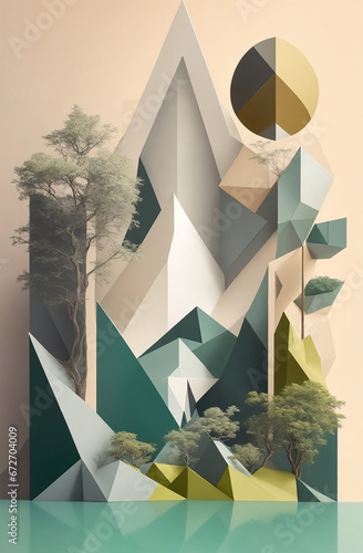 3d illustration of abstract geometric landscape with trees and mountains in low poly style