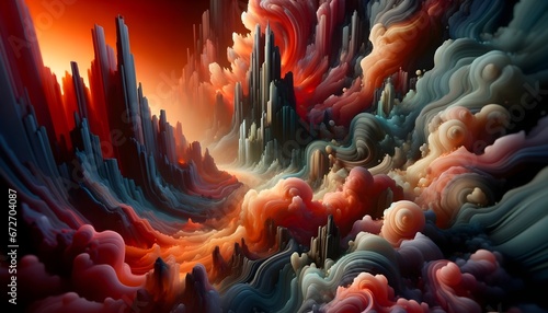 Surreal Landscape of Swirling Towers in a Dreamscape Sunset