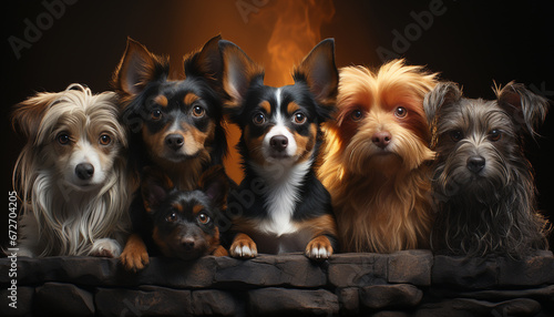 Cute puppy sitting, looking at camera, surrounded by furry friends generated by AI