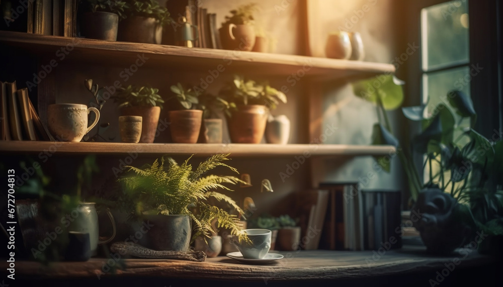 A rustic flower pot on a wooden shelf brings freshness indoors generated by AI