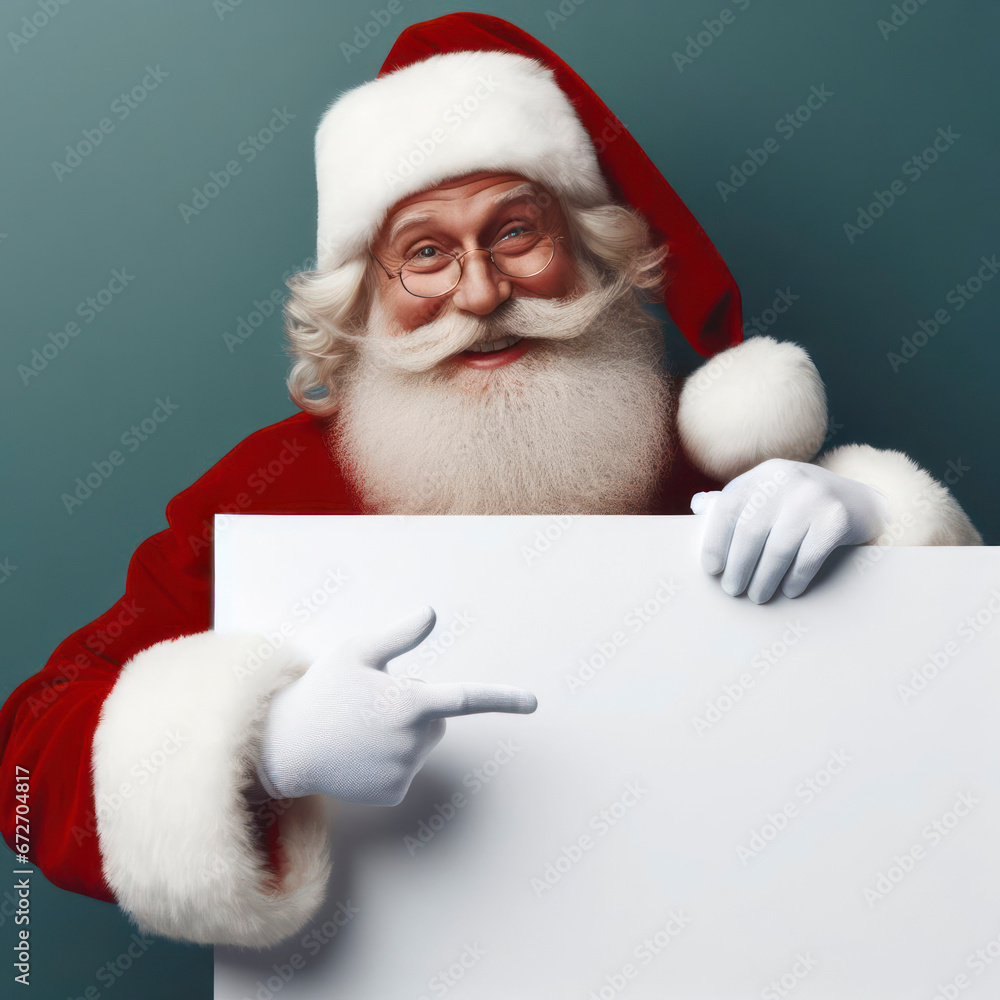 Santa Claus pointing in white blank sign with smile. ai generative Santa Claus pointing in white blank sign with smile. ai generative
