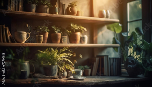 A rustic flower pot on a wooden shelf brings freshness indoors generated by AI